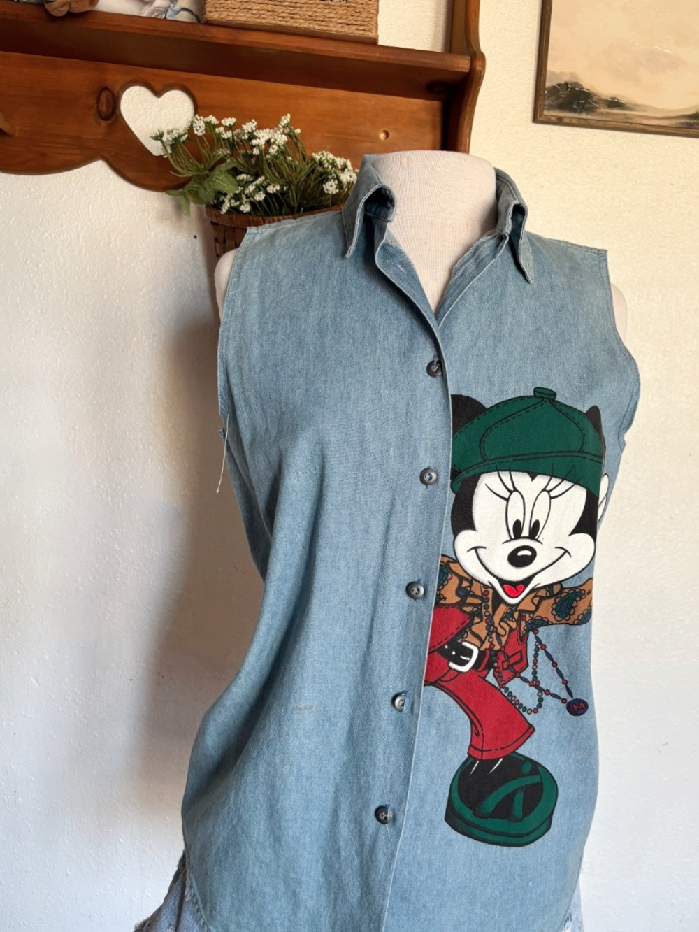 Sleeveless Light Blue Denim Shirt with Minnie Mouse Graphic